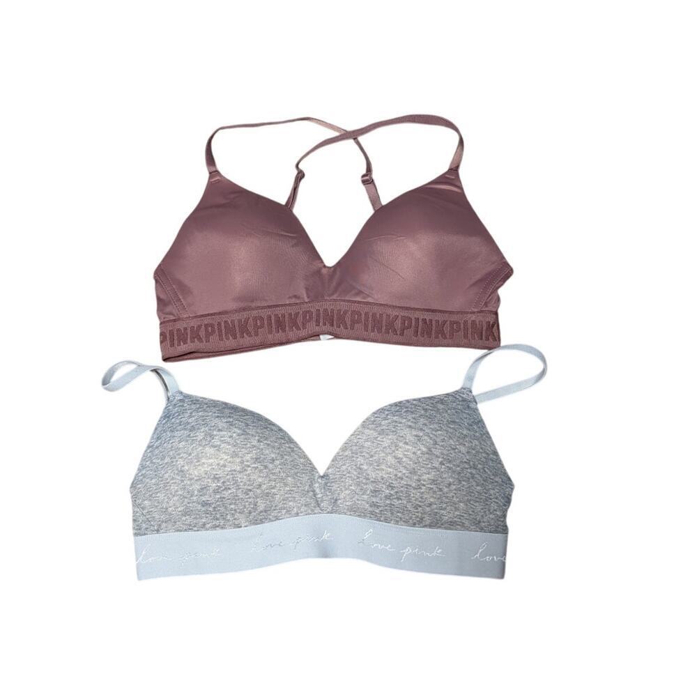 2 Victoria's Secret PINK t-shirt bras, size 34B, Gray & taupe/brown